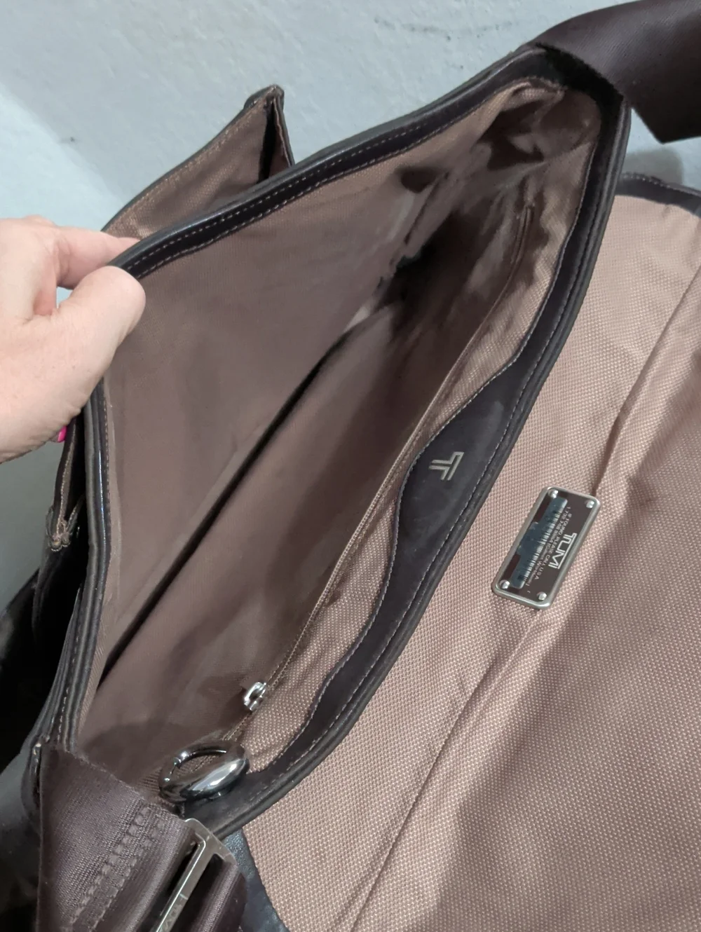 Tumi Dark Brown Leather Messenger Bag with Shoulder Strap